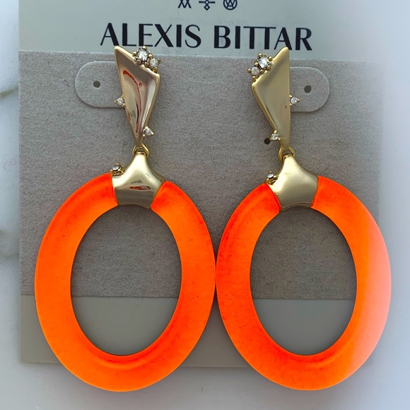 ALEXIS BITTAR • Rare Neon Orange Lucite Liquid Gold Crystal Post Hoop Earrings - Picture 4 of 8